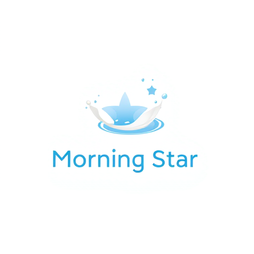 Professional logo design. Minimalist for a dairy company named "Morning Star": a stylized star shape formed from milk droplets, representing freshness and purity, White and light blue, sans-serif font with rounded edges, Modern and clean, with smooth curves and soft gradients, a subtle sheen on the milk droplets, white background
