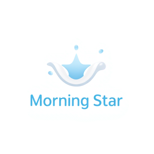 Professional logo design. Minimalist for a dairy company named "Morning Star": a stylized star shape formed from milk droplets, representing freshness and purity, White and light blue, sans-serif font with rounded edges, Modern and clean, with smooth curves and soft gradients, a subtle sheen on the milk droplets, white background