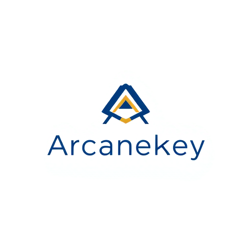 Professional logo design. Minimalist for a digital marketing and education company named Arcanekey: Abstract key and data visualization elements, sophisticated blue and gold palette, modern sans-serif typography. Design with an emphasis on trust and innovation, clean lines and geometric shapes, solid background.
