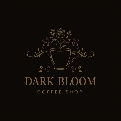 Professional logo design. Design a modern, moody logo for Dark Bloom Coffee Shop. The logo should blend elements of dark elegance and botanical growth, symbolizing a mysterious yet inviting coffee experience. Use a dark color palette (deep blacks, rich browns, charcoal greys) with accents of muted florals (dark purples, burgundy, forest green). Include a stylized coffee cup or coffee plant, subtly intertwined with blooming flowers or vines. Typography should be serif or gothic-style, sophisticated yet readable. The overall vibe should be artistic, moody, slightly gothic, and perfect for a high-end indie coffee brand.