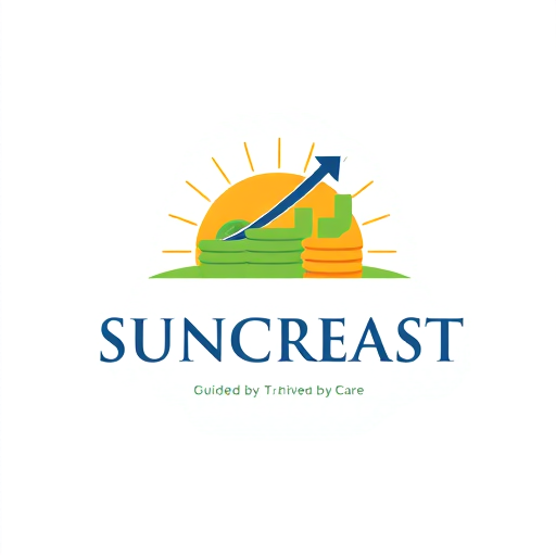 Professional logo design. Design a flat vector logo for Suncreast Financials that purely represents Funds, Money, and Power. Use clean, minimal, modern style with sharp lines. Elements should include: abstract currency symbol (₹ or $), stack of coins or notes, and an upward arrow/graph line to show financial growth. Integrate subtle rising sun rays behind or within the financial elements to symbolize prosperity and energy. Do not include shields or unnecessary icons. Colors: Deep Blue (#1E3A8A) for trust, Green (#2C6E49) for wealth, and Golden Orange (#F9A602) for power. Typography: Professional sans-serif (Montserrat, Lato, or Poppins) with ‘SUNCREAST’ in bold uppercase and ‘FINANCIALS’ lighter below. Add tagline ‘Guided by Trust, Driven by Care’ in smaller elegant font. Ensure the design is vector-friendly, scalable, and works on both digital and print media.