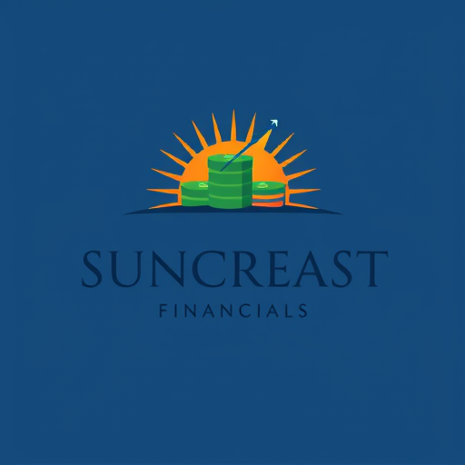 Professional logo design. Design a flat vector logo for Suncreast Financials that purely represents Funds, Money, and Power. Use clean, minimal, modern style with sharp lines. Elements should include: abstract currency symbol (₹ or $), stack of coins or notes, and an upward arrow/graph line to show financial growth. Integrate subtle rising sun rays behind or within the financial elements to symbolize prosperity and energy. Do not include shields or unnecessary icons. Colors: Deep Blue (#1E3A8A) for trust, Green (#2C6E49) for wealth, and Golden Orange (#F9A602) for power. Typography: Professional sans-serif (Montserrat, Lato, or Poppins) with ‘SUNCREAST’ in bold uppercase and ‘FINANCIALS’ lighter below. Add tagline ‘Guided by Trust, Driven by Care’ in smaller elegant font. Ensure the design is vector-friendly, scalable, and works on both digital and print media.