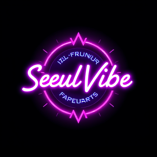 Professional logo design. Logó: SeoulVibe (i betűn hangjegy) ~Világos háttérre: fekete/sötétszürke betűk + neon türkiz hangjegy. ~Sötét háttérre: (pl. ha később dark mode lesz): fehér betűk + neon türkiz hangjegy. A háttér legyen pasztell rózsaszín