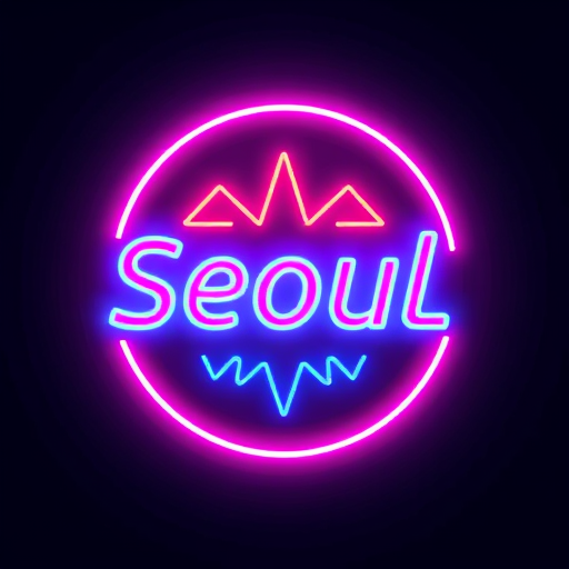 Professional logo design. Szeretnék egy pasztell rózsaszín (#FFD6E0) háttérrel fekete vagy sötét szürke betűkkel, esetleg fehérrel egy neon türkiz hangjeggyel ami az i betűn van. Márkanév: SeoulVibe