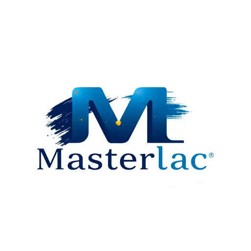 Professional logo design. Letterform logo for a paint manufacturing company named "Masterlac": abstract brushstroke incorporated into the lettering, symbolizing creativity and quality; a sophisticated palette of deep blues, metallic golds, and clean whites; bold, modern sans-serif typography with a slight italic slant for dynamism. Design with a sense of premium craftsmanship and innovation, with subtle gradients and polished finishes for a 3D effect, suitable for a 2D interpretation; clean and professional with a subtle hint of artistic flair, on a white or transparent background.