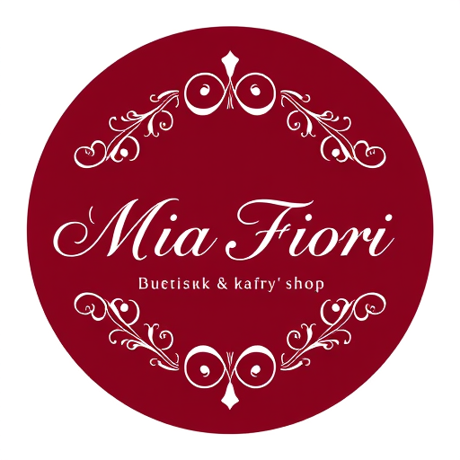 Professional logo design. Create a typographic logo for “Mia Fiori” – a boutique & coffee shop. Style: elegant, refined, Italian-inspired with decorative floral swirls (Renaissance/Baroque aesthetic). Flourishes: minimalist, thin, delicate floral swirls and ornamental accents; not too bold, in an elegant and sophisticated style. Color scheme: deep burgundy (#800020) as the background, white for typography and floral accents. Composition: circular or square, suitable for an 80 cm round sign. Typography: sophisticated serif or modern calligraphic font that supports both Latin and Cyrillic (for additional text “бутік & кав’ярня”). Design specifications: vector style, minimal gradients, flat design, clean contours, high-resolution, print-ready. Focus: timeless elegance, Italian charm, premium boutique-coffee ambience, harmonious integration of text and floral accents.