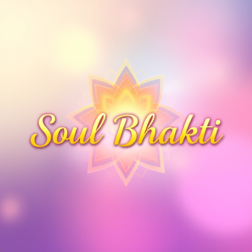 Professional logo design. A vibrant spiritual logo with the text "Soul Bhakti" in elegant golden font. Use a colorful gradient background with soft blends of saffron, blue, pink, and purple to give a divine aura. Add glowing effects around the text, with a subtle lotus mandala or Om pattern in the backdrop. The style should look modern, spiritual, and eye-catching.