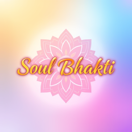 Professional logo design. A vibrant spiritual logo with the text "Soul Bhakti" in elegant golden font. Use a colorful gradient background with soft blends of saffron, blue, pink, and purple to give a divine aura. Add glowing effects around the text, with a subtle lotus mandala or Om pattern in the backdrop. The style should look modern, spiritual, and eye-catching.