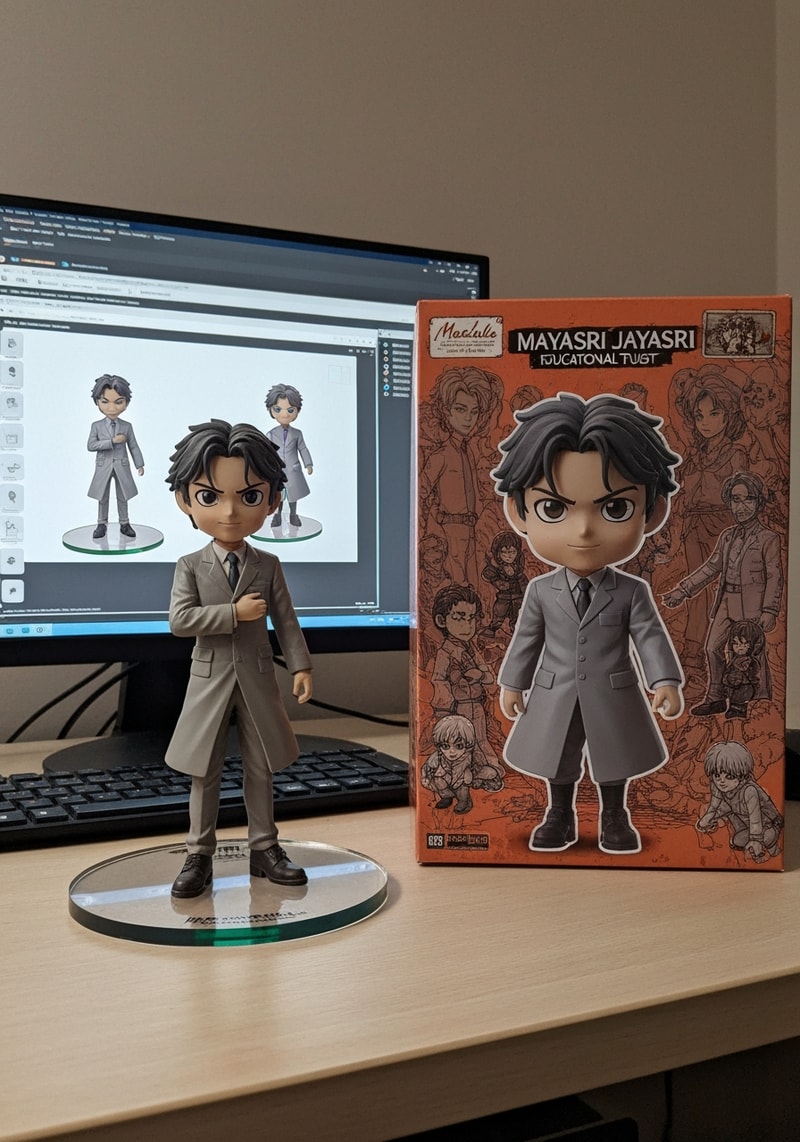 Professional logo design. Madala JAYASRI EDUCATIONAL TRUST letterform logo — with potho Create a 1/7 scale commercialized figurine of the characters in the picture, in a realistic style, in a real environment. The figurine is placed on a computer desk. The figurine has a round transparent acrylic base, with no text on the base. The content on the computer screen is a 3D modeling process of this figurine. Next to the computer screen is a toy packaging box, designed in a style reminiscent of high-quality collectible figures, printed with original artwork. The packaging features two- dimensional flat illustrations