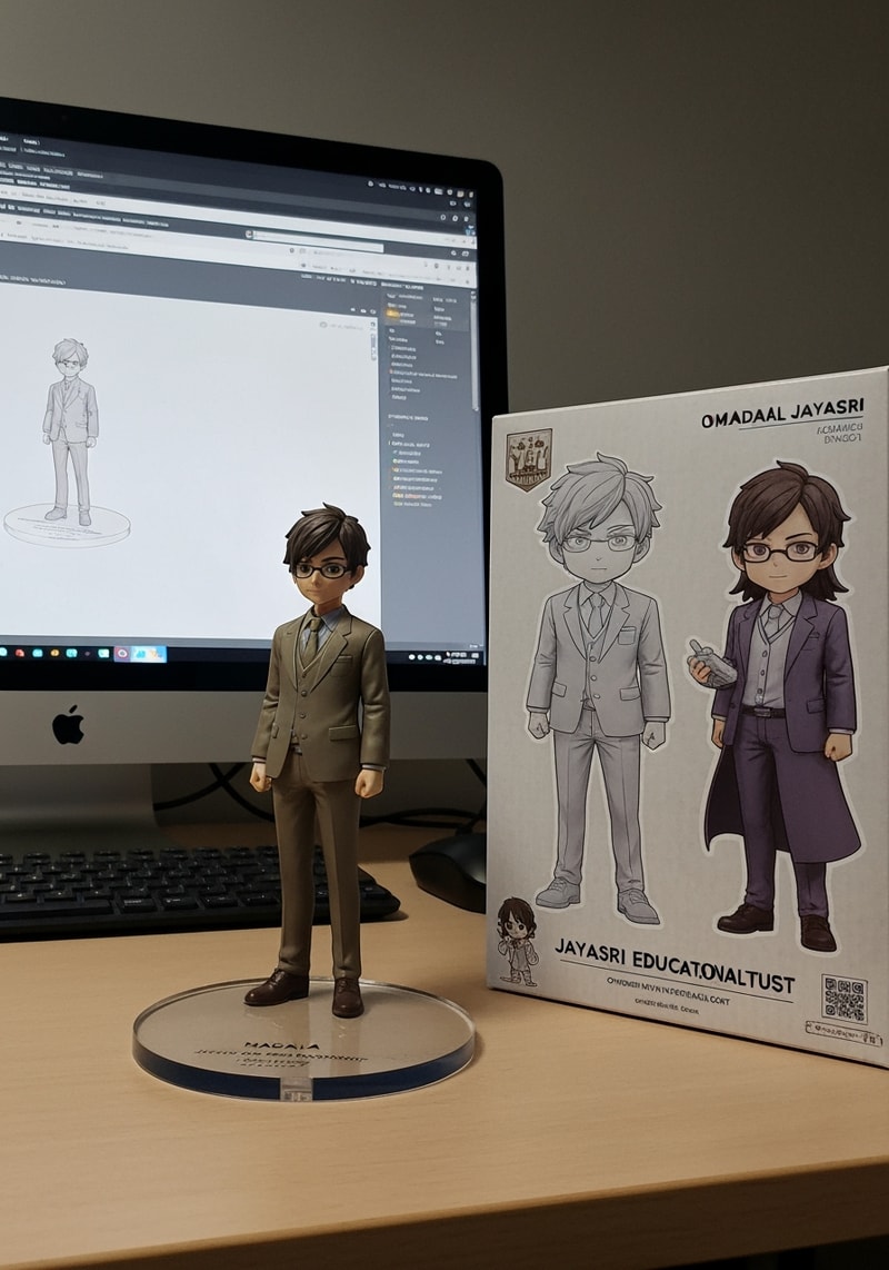 Professional logo design. Madala JAYASRI EDUCATIONAL TRUST letterform logo — with potho Create a 1/7 scale commercialized figurine of the characters in the picture, in a realistic style, in a real environment. The figurine is placed on a computer desk. The figurine has a round transparent acrylic base, with no text on the base. The content on the computer screen is a 3D modeling process of this figurine. Next to the computer screen is a toy packaging box, designed in a style reminiscent of high-quality collectible figures, printed with original artwork. The packaging features two- dimensional flat illustrations