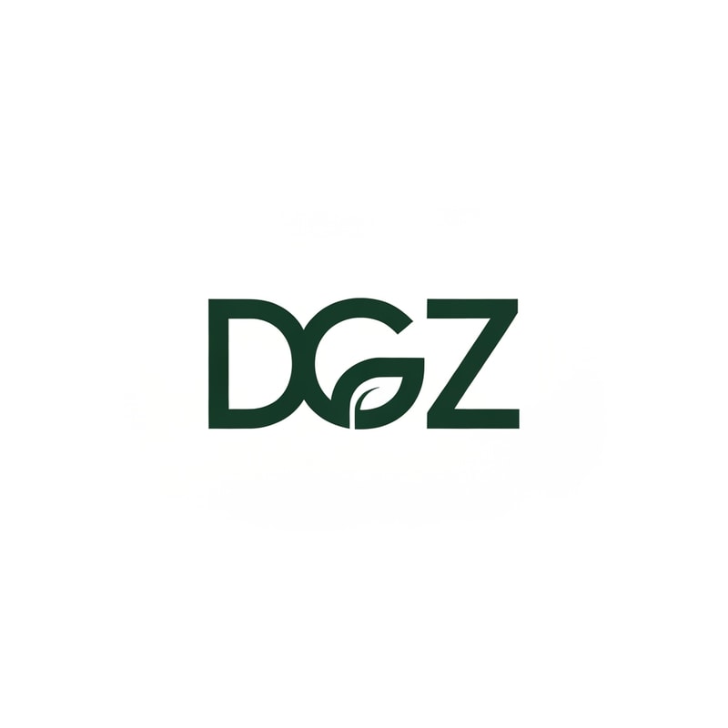 Professional logo design. Letterform logo for a company named "DGZ": a cohesive single lettermark forming DGZ as a unified icon, minimalist, modern, and geometric. Design with sharp edges and clean lines, inspired by architectural forms, with a sophisticated and professional visual execution. Solid background color is white and letter color is darkgreen and letter showing a leaf
