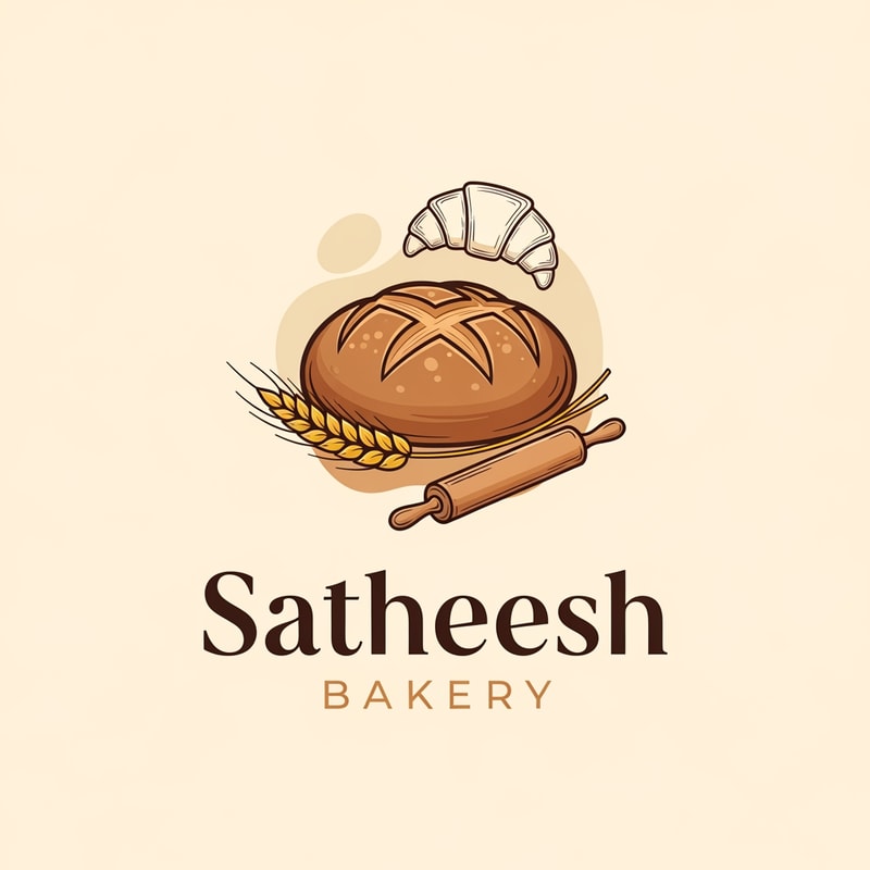 Design a professional, warm, and inviting logo for a bakery named “Satheesh Bakery”. The logo should represent freshness, quality, and handcrafted baked goods. Use appetizing color tones such as warm brown, cream, beige, golden yellow, or soft pastel shades. Include subtle bakery-related elements like bread, wheat, croissant, cake, rolling pin, or oven icons, while keeping the design clean and minimal. Choose elegant, friendly, and readable typography—preferably a modern serif or handcrafted-style font. The logo should feel timeless and trustworthy, suitable for bakery storefront signage, packaging, menu cards, takeaway boxes, social media, and branding materials. Ensure the full name “Satheesh Bakery” is clearly visible and well-balanced in the design.