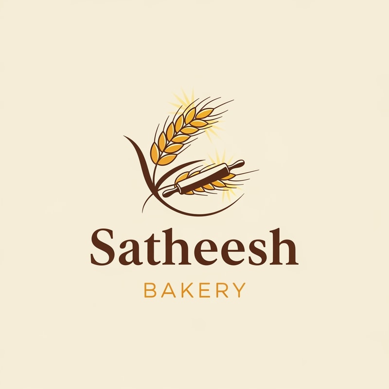 Design a professional, warm, and inviting logo for a bakery named “Satheesh Bakery”. The logo should represent freshness, quality, and handcrafted baked goods. Use appetizing color tones such as warm brown, cream, beige, golden yellow, or soft pastel shades. Include subtle bakery-related elements like bread, wheat, croissant, cake, rolling pin, or oven icons, while keeping the design clean and minimal. Choose elegant, friendly, and readable typography—preferably a modern serif or handcrafted-style font. The logo should feel timeless and trustworthy, suitable for bakery storefront signage, packaging, menu cards, takeaway boxes, social media, and branding materials. Ensure the full name “Satheesh Bakery” is clearly visible and well-balanced in the design.