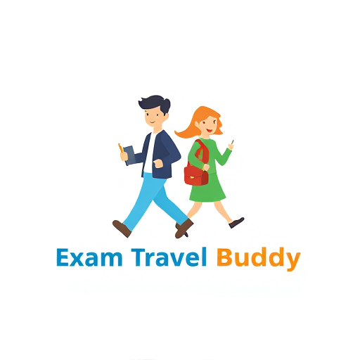 Professional logo design. Logo design for "Exam Travel Buddy" app — two students (one boy and one girl) walking together as if going to give an exam, holding simple items like a book or bag. Add subtle travel + exam elements (location pin, clock, calendar, or path ahead). Modern, flat, and minimal style with clean lines. Colors: Blue, Green, and Orange. Friendly, professional, and student-focused — perfect for an app icon and branding. 