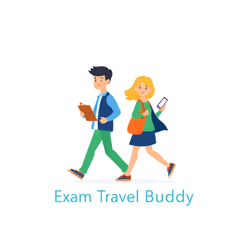 Professional logo design. Logo design for "Exam Travel Buddy" app — two students (one boy and one girl) walking together as if going to give an exam, holding simple items like a book or bag. Add subtle travel + exam elements (location pin, clock, calendar, or path ahead). Modern, flat, and minimal style with clean lines. Colors: Blue, Green, and Orange. Friendly, professional, and student-focused — perfect for an app icon and branding. 