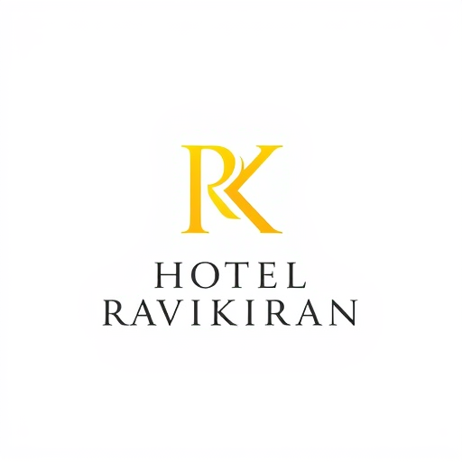 Professional logo design. Letterform logo for a luxury hotel named "HOTEL RAVIKIRAN": Intertwined "R" and "K" forming an abstract monogram, Yellow/golden over white background. Design with sophisticated and timeless visual execution, and a clean white background.
