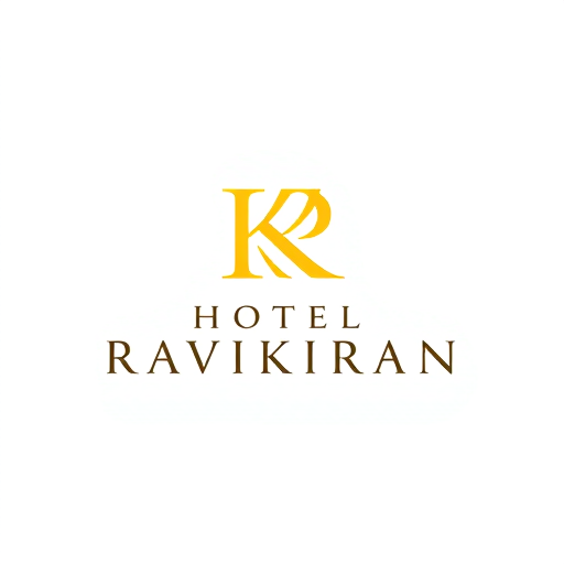 Professional logo design. Letterform logo for a luxury hotel named "HOTEL RAVIKIRAN": Intertwined "R" and "K" forming an abstract monogram, Yellow/golden over white background. Design with sophisticated and timeless visual execution, and a clean white background.