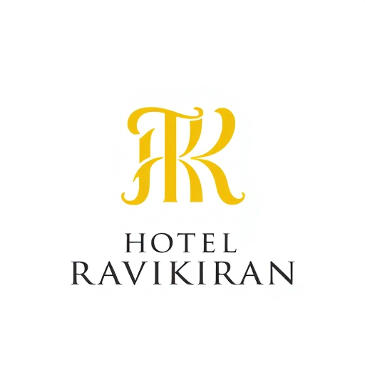 Professional logo design. Letterform logo for a luxury hotel named "HOTEL RAVIKIRAN": Intertwined "R" and "K" forming an abstract monogram, Yellow/golden over white background. Design with an art deco influence and stylistic direction, featuring elegant curves and intricate linework, a sophisticated and timeless visual execution, and a clean white background.