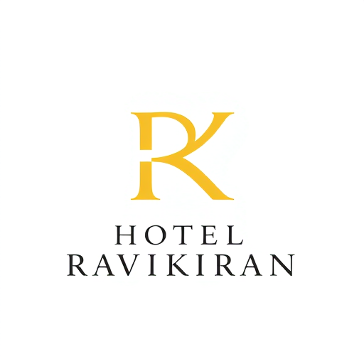 Professional logo design. Letterform logo for a luxury hotel named "HOTEL RAVIKIRAN": Intertwined "R" and "K" forming an abstract monogram, Yellow/golden over white background. Design with sophisticated and timeless visual execution, and a clean white background. use your idea also. add suitable background design for yellow/golden colour.