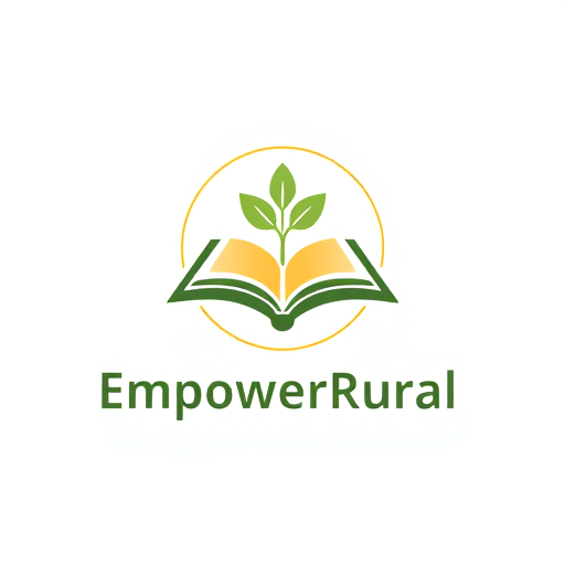 Professional logo design. Minimalist emblem for a rural skill development and education NGO named "EmpowerRural": A stylized seedling growing from an open book, symbolizing growth through knowledge and opportunity, within a clean, circular emblem. A warm and earthy color palette of forest green, golden yellow, and a touch of muted sky blue. A modern, rounded sans-serif font for the brand name. Design with a focus on organic shapes and a sense of natural progression, drawing influence from Scandinavian design and natural motifs. Visual execution should be simple, clean lines with subtle shading to create depth. White background.