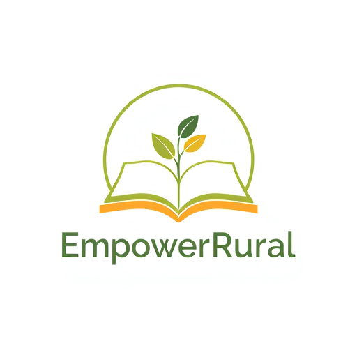 Professional logo design. Minimalist emblem for a rural skill development and education NGO named "EmpowerRural": A stylized seedling growing from an open book, symbolizing growth through knowledge and opportunity, within a clean, circular emblem. A warm and earthy color palette of forest green, golden yellow, and a touch of muted sky blue. A modern, rounded sans-serif font for the brand name. Design with a focus on organic shapes and a sense of natural progression, drawing influence from Scandinavian design and natural motifs. Visual execution should be simple, clean lines with subtle shading to create depth. White background.