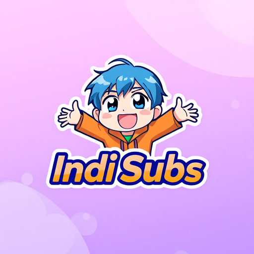 Professional logo design. Character logo for an anime subtitling service named Indi Subs: A dynamic chibi anime character in a playful pose, with their arms outstretched towards the viewer, appearing to be releasing subtitles. The character should be vibrant and energetic, evoking excitement and accessibility. Color palette of bright blues, energetic oranges, and a touch of clean white to represent speed, creativity, and clarity. Typography for "Indi Subs" should be a bold, slightly stylized sans-serif font with a subtle anime flair, perhaps with a slight glow. Design with a modern anime aesthetic, drawing inspiration from popular shonen and slice-of-life series. Visual execution details include sharp lines, expressive eyes, and a sense of movement. Background type should be a subtle, gradient background in shades of purple and pink, creating an ethereal and inviting atmosphere.