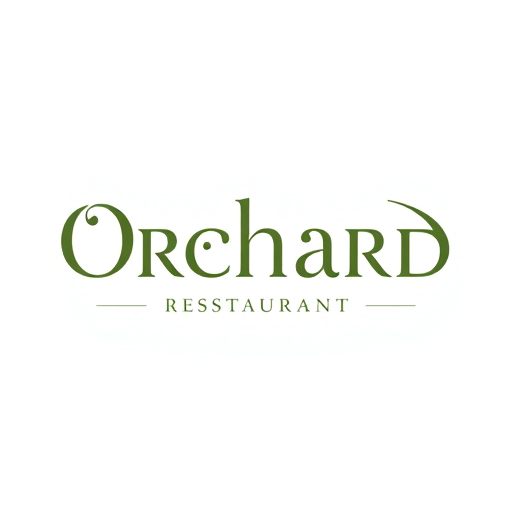 Professional logo design. The word ORCHARD in modern English typography, but with a hint of Arabic calligraphy-inspired curves in the letters O or R.Sub-line “RESTAURANT” in clean modern font.