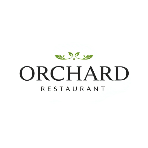 Professional logo design. The word ORCHARD in modern English typography, but with a hint of Arabic calligraphy-inspired curves in the letters O or R.Sub-line “RESTAURANT” in clean modern font.