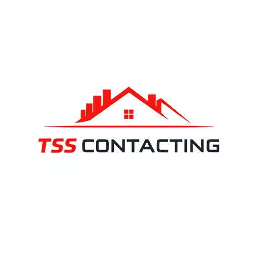 Professional logo design. Create a professional and modern logo for a construction company named 'TSS Contracting'. The logo should feature construction or housing elements such as buildings, cranes, or a house silhouette. Use a bold and clean design with red as the primary color, complemented with black or grey for contrast. Include the company name 'TSS Contracting' prominently in a strong, industrial-style font. The logo should convey strength, reliability, and professionalism, suitable for a construction business. Minimalist and sleek style, vector format, high resolution.