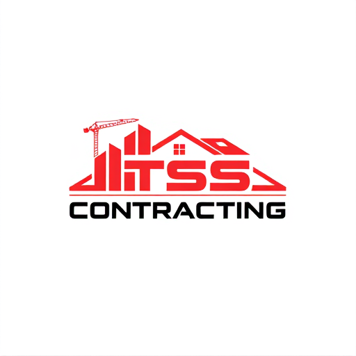 Professional logo design. Create a professional and modern logo for a construction company named 'TSS Contracting'. The logo should feature construction or housing elements such as buildings, cranes, or a house silhouette. Use a bold and clean design with red as the primary color, complemented with black or grey for contrast. Include the company name 'TSS Contracting' prominently in a strong, industrial-style font. The logo should convey strength, reliability, and professionalism, suitable for a construction business. Minimalist and sleek style, vector format, high resolution.