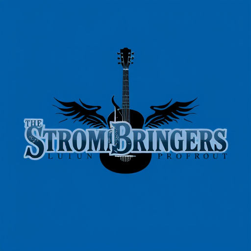Professional logo design. Title - The StromBringers background blue a guiter in the middle black colour text in grey and 
