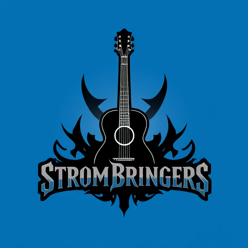 Professional logo design. Title - The StromBringers background blue a guiter in the middle black colour text in grey and 