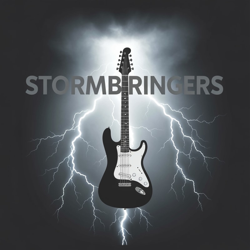 Professional logo design. Title- The StormBringers text should be grey there should be an electric guitar in the centre and the theme should be thunder