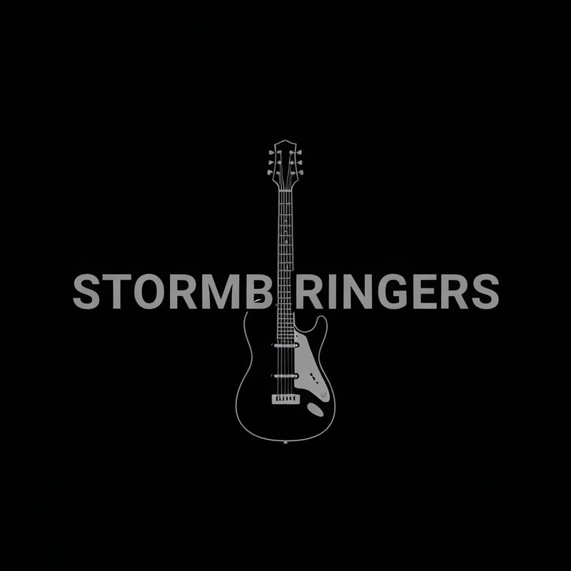 Professional logo design. Title- The StormBringers text should be grey there should be an electric guitar in the centre and background should be black