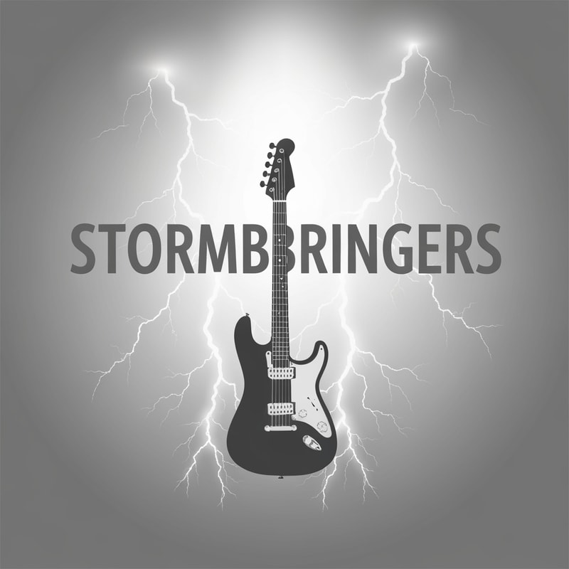 Professional logo design. Title- The StormBringers text should be grey there should be an electric guitar in the centre and the theme should be thunder