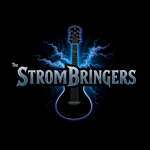 Professional logo design. Title - The StromBringers background blue a guiter in the middle black colour text in grey and thunder theme