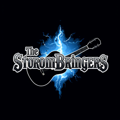 Professional logo design. Title - The StromBringers background blue a guiter in the middle black colour text in grey and thunder theme