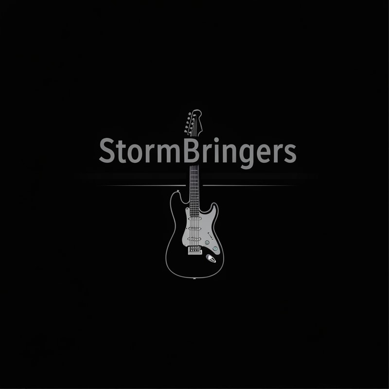 Professional logo design. Title- The StormBringers text should be grey there should be an electric guitar in the centre and background should be black
