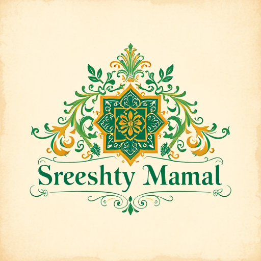 Professional logo design. Emblem for a classic, royal, and luxury art and craft business named "Sreeshty Mahal": A regal crest incorporating intricate floral motifs and subtle filigree, evoking a sense of heritage and exquisite craftsmanship, a rich, deep jewel-toned palette of emerald green, sapphire blue, and opulent gold with hints of antique ivory, elegant serif typography with calligraphic flourishes. Design with a Renaissance art influence and a Baroque stylistic direction, featuring detailed line work and shading to create depth and a sense of three-dimensionality, on a subtle parchment texture background, including a stylized paint brush.