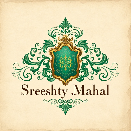 Professional logo design. Emblem for a classic, royal, and luxury art and craft business named "Sreeshty Mahal": A regal crest incorporating intricate floral motifs and subtle filigree, evoking a sense of heritage and exquisite craftsmanship, a rich, deep jewel-toned palette of emerald green, sapphire blue, and opulent gold with hints of antique ivory, elegant serif typography with calligraphic flourishes. Design with a Renaissance art influence and a Baroque stylistic direction, featuring detailed line work and shading to create depth and a sense of three-dimensionality, on a subtle parchment texture background, including a stylized paint brush.
