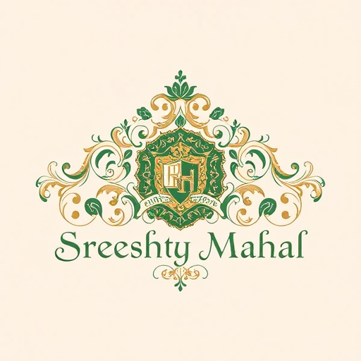 Professional logo design. Emblem for a classic, royal, and luxury art and craft business named "Sreeshty Mahal": A regal crest incorporating intricate floral motifs and subtle filigree, evoking a sense of heritage and exquisite craftsmanship, a rich, deep jewel-toned palette of emerald green, sapphire blue, and opulent gold with hints of antique ivory, elegant serif typography with calligraphic flourishes, designed with a Renaissance art influence and a Baroque stylistic direction, featuring detailed line work and shading to create depth and a sense of three-dimensionality, on a subtle parchment texture background.