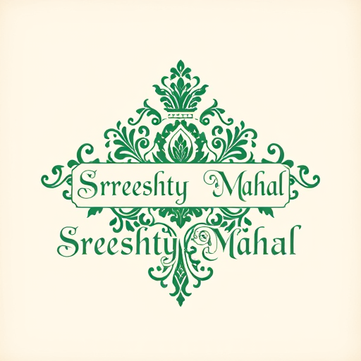 Professional logo design. Emblem for a classic, royal, and luxury art and craft business named "Sreeshty Mahal": A regal crest incorporating intricate floral motifs and subtle filigree, evoking a sense of heritage and exquisite craftsmanship, a rich, deep jewel-toned palette of emerald green, sapphire blue, and opulent gold with hints of antique ivory, elegant serif typography with calligraphic flourishes, designed with a Renaissance art influence and a Baroque stylistic direction, featuring detailed line work and shading to create depth and a sense of three-dimensionality, on a subtle parchment texture background.
