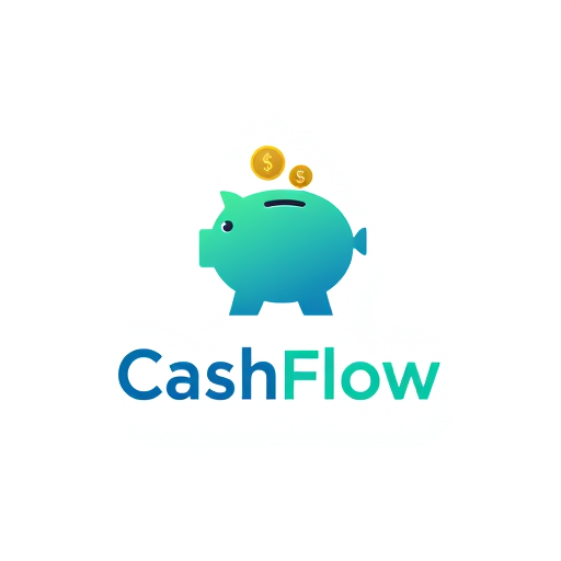 Professional logo design. Pictorial for an expense tracker app named "CashFlow": a simple, stylized piggy bank with coins falling into it, a modern and clean aesthetic, a color palette of cool blues and greens with a touch of gold for accents, sans-serif typography that is clean and legible, inspired by digital interfaces and financial apps, with smooth gradients and subtle animations, on a white background.