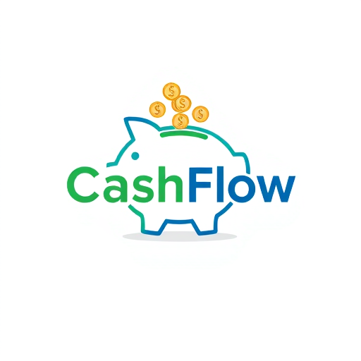 Professional logo design. Pictorial for an expense tracker app named "CashFlow": a simple, stylized piggy bank with coins falling into it, a modern and clean aesthetic, a color palette of cool blues and greens with a touch of gold for accents, sans-serif typography that is clean and legible, inspired by digital interfaces and financial apps, with smooth gradients and subtle animations, on a white background.