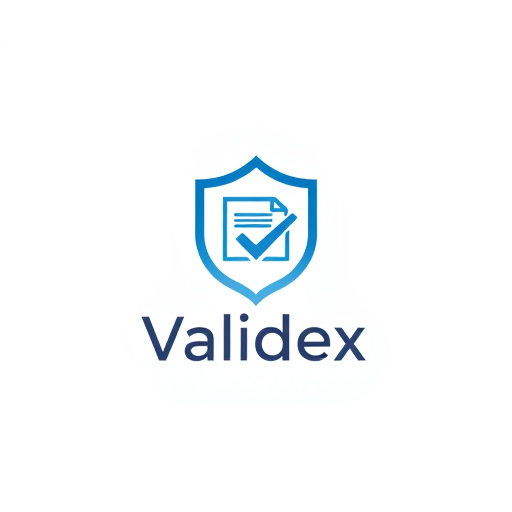 Professional logo design. Minimalist logo for an academic certificate authenticity validator platform named "Validex": A subtle integration of a shield or checkmark with a document icon, representing security, verification, and authenticity. (transparant background)