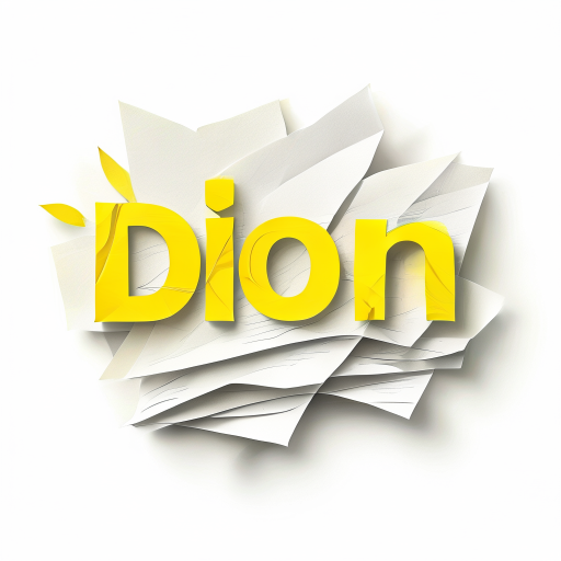 Logo Design: A name DION written in capital letters with pale yellow and depicting paper sheets sheets and industry