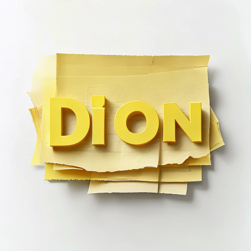 Logo Design: A name DION written in capital letters with pale yellow and depicting paper sheets sheets and industry