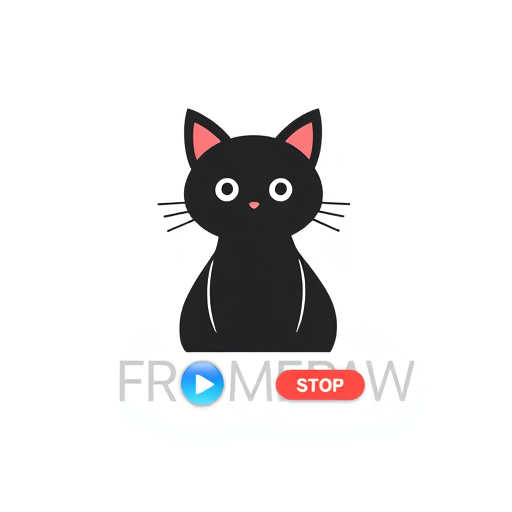 Professional logo design. Design logo for "FramePaw'. It should contain black cat sitting, and play and stop button. 