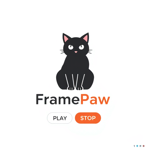 Professional logo design. Design logo for "FramePaw'. It should contain black cat sitting, and play and stop button.