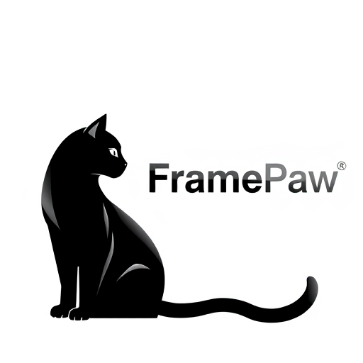 Professional logo design. Pictorial logo for a YouTube channel named "FramePaw": A sleek, monocolor, simple(not cartoon), futuristic black cat, depicted in silhouette, is positioned on the left, gazing towards the left. The channel name "FramePaw" is elegantly rendered to the right of the cat. Black, gray, and metallic silver, Futurist and Art Deco, sharp geometric lines with subtle curves, clean and striking, white background